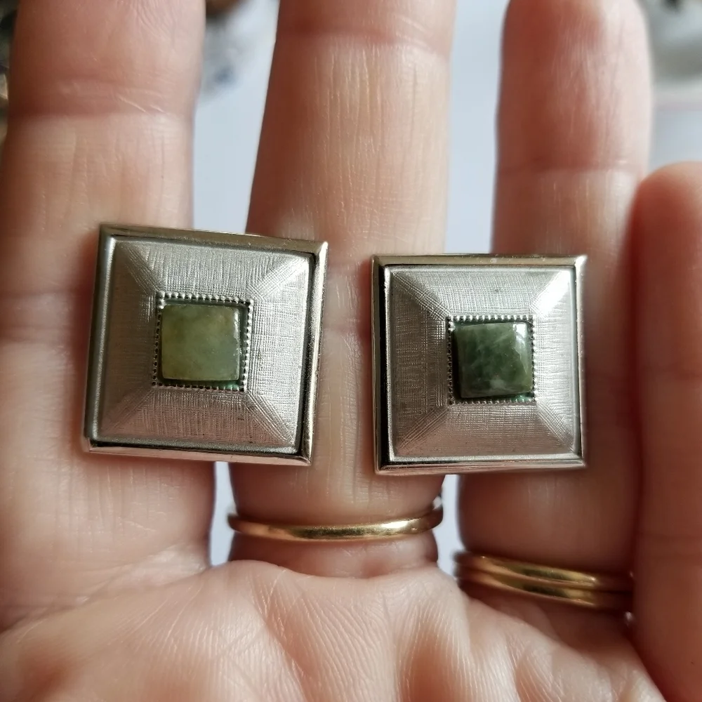 Vintage Swank cuff links silver tone square green stone cufflinks textured men